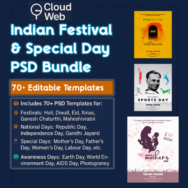Promotional banner for Indian Festival & Special Day PSD Bundle by Cloud Web, showing discounted price ₹299 from ₹499, includes 70+ editable templates with a limited time offer